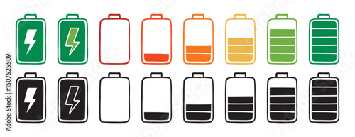 battery indicator color and black charge doodle hand drawn icon set. Outline drawing line clipart symbol collection