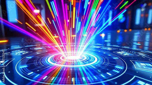 Futuristic Digital Explosion with Colorful Laser Light Burst and Circular Interface