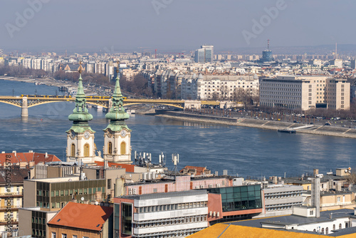 Photography Danube river with Margaret Bridge and church towers in Budapest