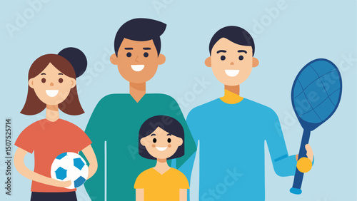 Family Shopping Together A family of four happily looking at various sports equipment with each member holding soing different like a soccer ball or tennis racket.