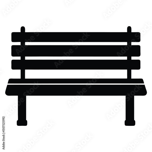 Solid Black Silhouette of Park Bench with Wooden Slats and Sturdy Legs