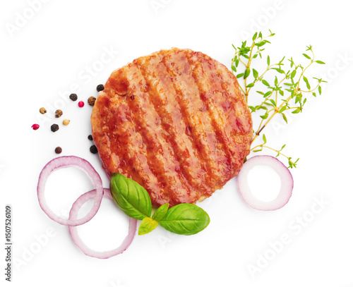 Delicious hamburger patty and spices isolated on white, top view