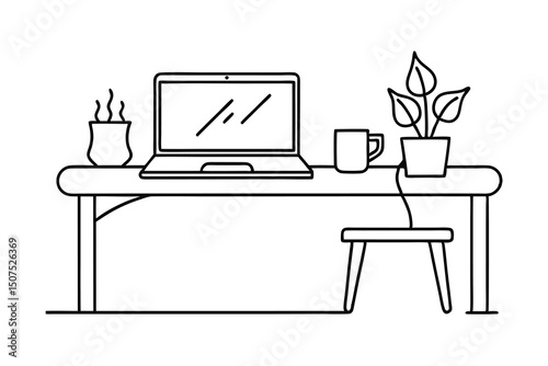 Minimalist illustration of a home office workspace with laptop plant mug and stool in monochrome