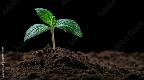 A vibrant green seedling emerges from rich brown soil, symbolizing growth and potential in nature's cycle, representing new beginnings and hope for the future.