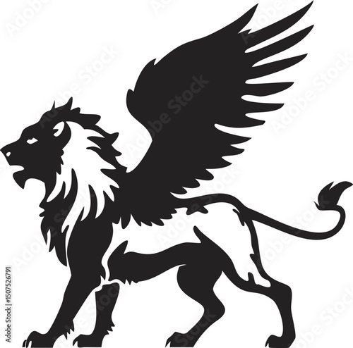 Minimalist Winged Lion – Black and White Vector Illustration in Simple Digital Art Style