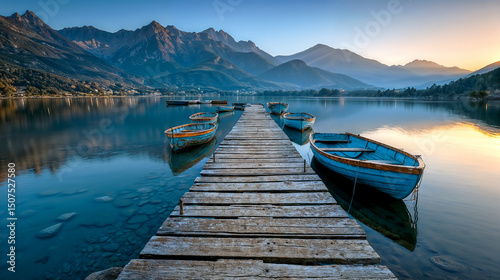Quiet Lake Pier with Rowboats at Dusk