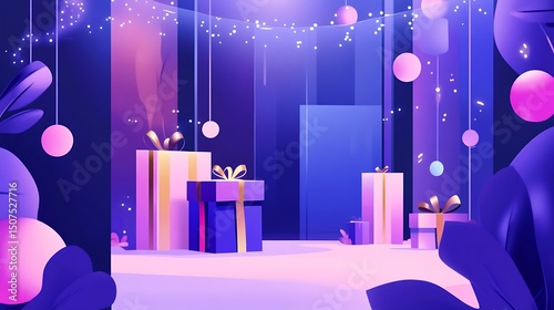 Festive display of gift boxes in a vibrant purple and pink setting.