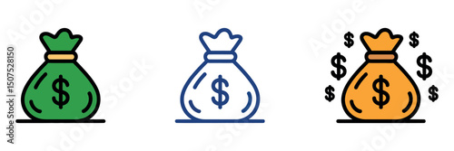 Colorful Money Bag Icons Green Blue and Gold Depicting Wealth Finance and Prosperity with Dollar Signs Representing Financial Success and Investment