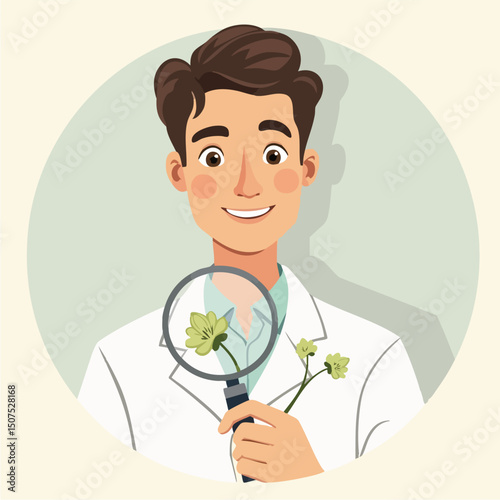 Male Botanist Examining Plant Specimen with Magnifying Glass