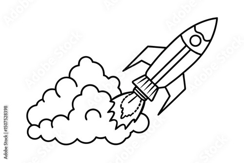 Simple line art illustration of a rocket ship blasting off into the sky with smoke