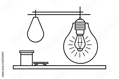 Minimalist black and white illustration of lighting fixtures and decorative elements on a shelf