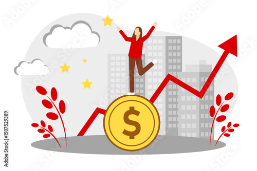 The concept of financial growth, earning money and business. Woman standing on a coin