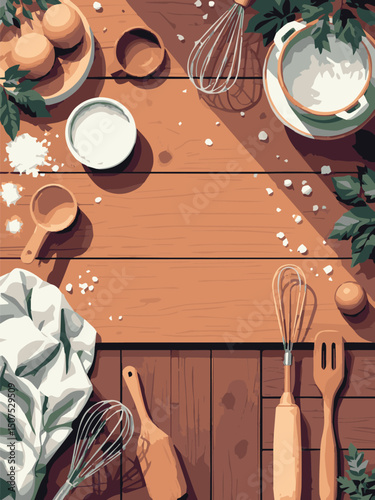 Tabletop Set with Plates, Cutlery, and Bread – Overhead Dining Illustration

