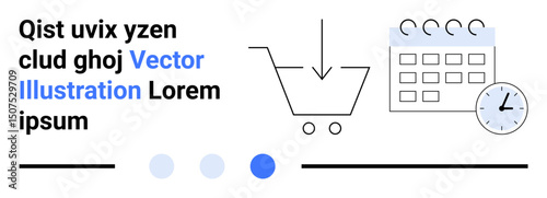 Shopping cart icon with downward arrow, calendar, clock, and minimalist design. Ideal for e-commerce, scheduling, planning, delivery services, retail management online transactions simple landing