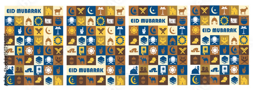 Colorful Eid Mubarak cards or posters set with Islamic icons, mosque, crescent moon, prayer, goat, Kaaba, drum, and stars. Perfect for Eid ul Adha greeting card, banner, flyer, or social media design.