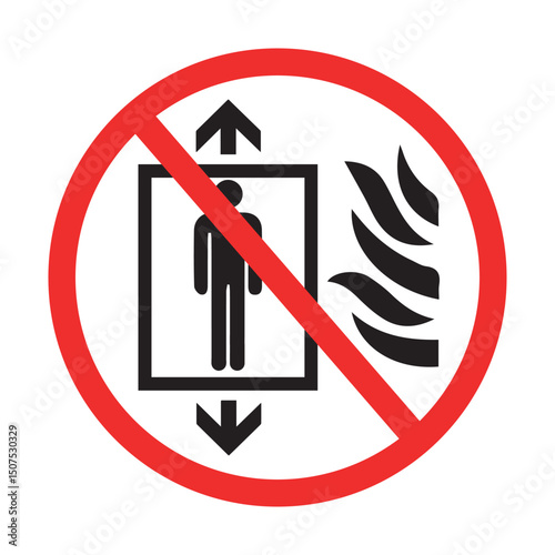 no elevator use during fire safety sign with person and flame symbol