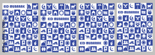 Colorful Eid Mubarak cards or posters set with Islamic icons, mosque, crescent moon, prayer, goat, Kaaba, drum, and stars. Perfect for Eid ul Adha greeting card, banner, flyer, or social media design.