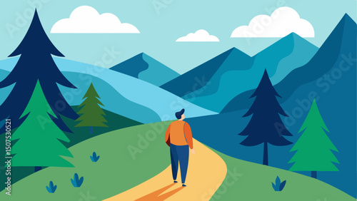 Nature Hike An illustration of someone hiking on a scenic trail surrounded by trees and mountains showcasing the invigorated spirit and connection to nature.