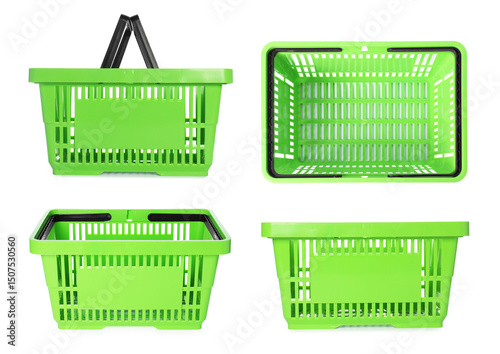 Billede på lærred Green shopping basket on white background, set