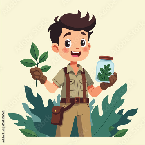 Young Jungle Explorer Holding Plant Sample in Forest