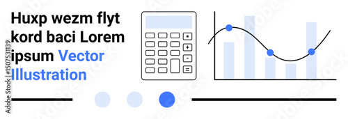 Calculator, line graph with data points, and bar chart signify financial analysis, statistics, presentation, and insight visualization. Ideal for finance, business analytics, statistics reports