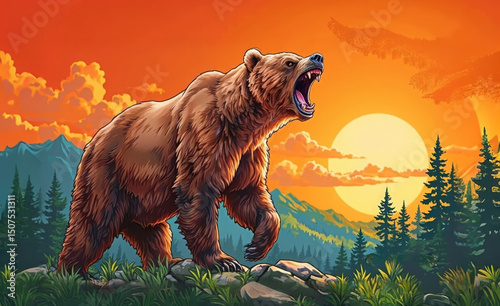 Roaring Brown Bear in Mountain Landscape at Sunset