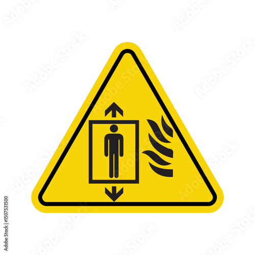 warning sign for elevator use during fire hazard with person and flame