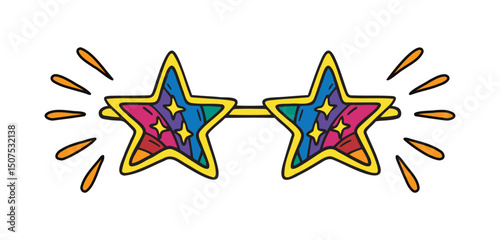 Retro 70s psychedelic star sunglasses and abstract space reflection icon. Groovy print cartoon hippy glasses