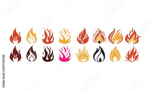 a collection of stylized fire flames, flickering and dancing, in a variety of shapes, sizes, and colors, including orange, red, yellow, pink, and blue hues, creating a vibrant and dynamic fiery 