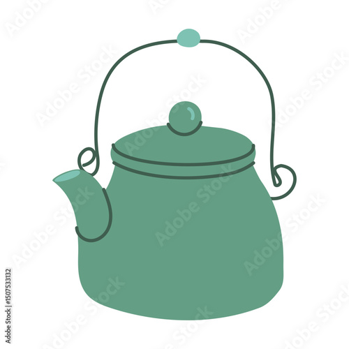 A green tea kettle with a handle and a lid. The handle is made of metal and the lid is made of metal as well