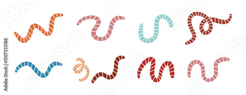 cartoon cute worm or earthworm set icons. Colorful worms with stripes collection 