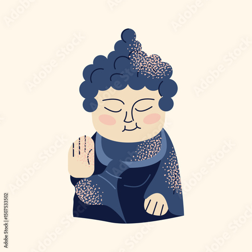 Asian tea ceremony utensils teapot, bowls, whisk, spoon, tray, and Buddha statue isolated on background. Flat vector illustration in decorative modern style. Tea culture and mindfulness concept