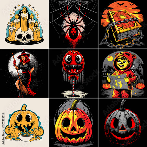 Nine spooky halloween illustrations collection