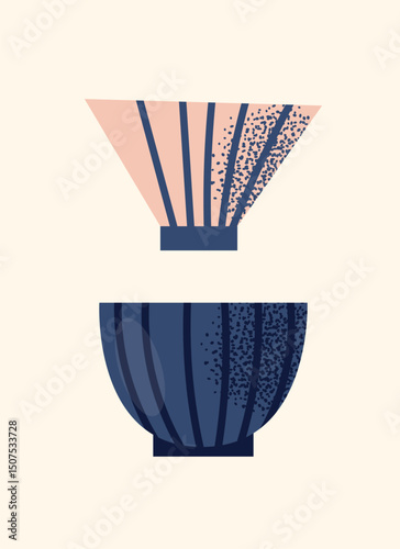 Asian tea ceremony utensils teapot, bowls, whisk, spoon, tray isolated on background. Flat vector illustration in decorative modern style. Tea culture and mindfulness concept