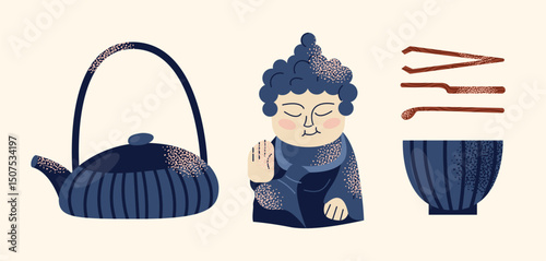 Asian tea ceremony utensils teapot, bowls, whisk, spoon, tray, and Buddha statue isolated on background. Flat vector illustration in decorative modern style. Tea culture and mindfulness concept