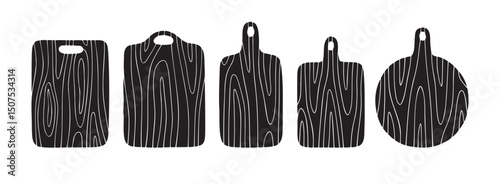wooden cutting board silhouette set. Hand drawn textured boards, vintage kitchen wooden boards collection