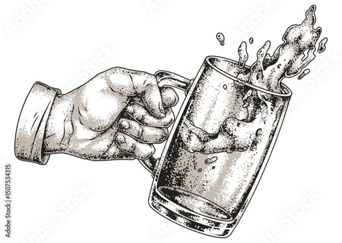 Classic hand holding beer mug with spilling foam