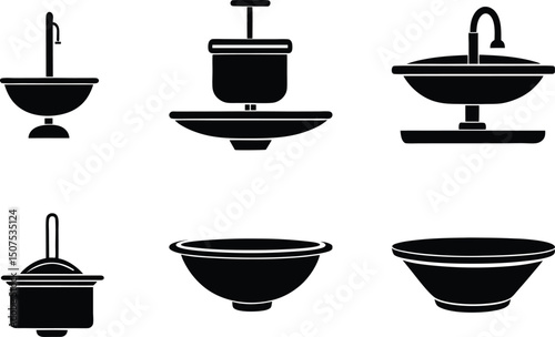 Sink and Basin Icon Set: A collection of six sleek, minimalist sink and basin icons, perfect for plumbing, bathroom design, or home improvement projects.  Each icon is presented in a simple.