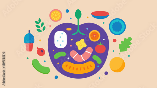 Microbiome Illustration A colorful visualization of diverse bacteria cells in a human gut shape surrounded by food items that promote gut health.