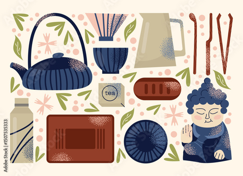 Asian tea ceremony utensils teapot, bowls, whisk, spoon, tray, and Buddha statue isolated on background. Flat vector illustration in decorative modern style. Tea culture and mindfulness concept