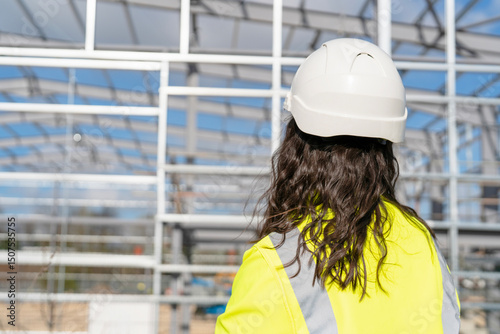 Female construction worker in bright safety jacket stands with their back to the camera, looking at partially constructed steel frame structure