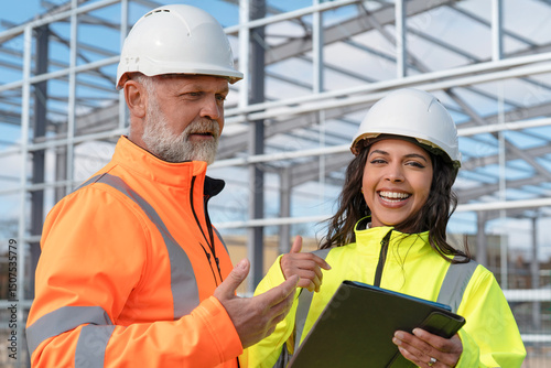 Male construction works project manager and young female site engineer collaborating on-site, discussing project details and future plans at building site with steel frame structure in background