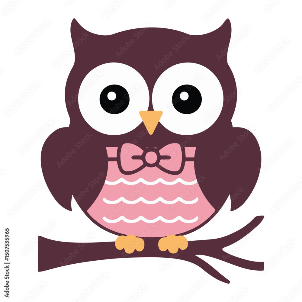 Fototapeta premium Adorable Cartoon Owl – Cute Vector Illustration of Owl Sitting on Branch
