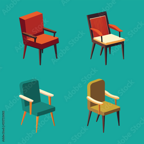 A Quartet of Chairs: A collection of four colorful armchairs, each boasting a unique design, arranged against a teal backdrop, showcasing modern furniture design and interior style.