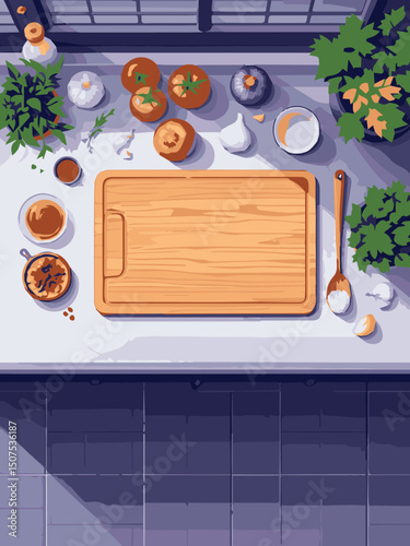 Top View Kitchen Counter with Cutting Board and Ingredients – Flatlay Illustration
