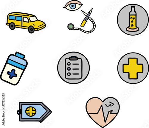 A collection of icons, including medical supplies and medical