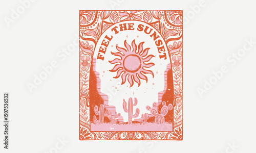 Desert vibes artwork design for sticker, poster, background, fashion and others. Arizona vintage print design for t shirt. Western desert artwork. Desert road trip adventure art. Flower with cactus.