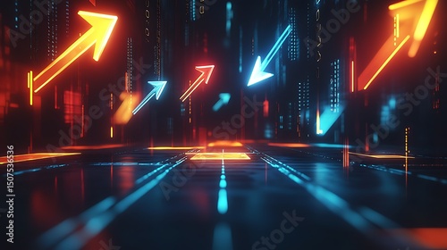 Futuristic cityscape with glowing arrows.