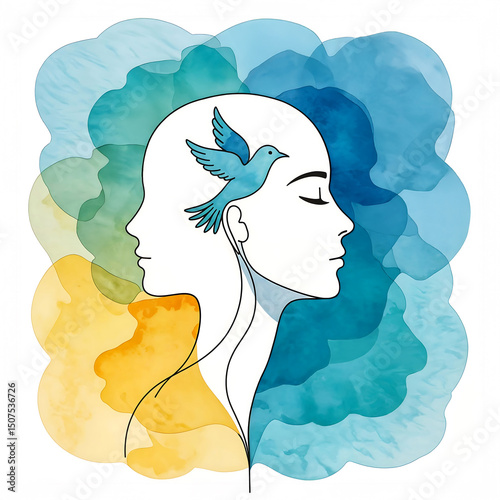 Dessin minimaliste d'une ligne du profil du visage avec un oiseau, santé et développement personnel	