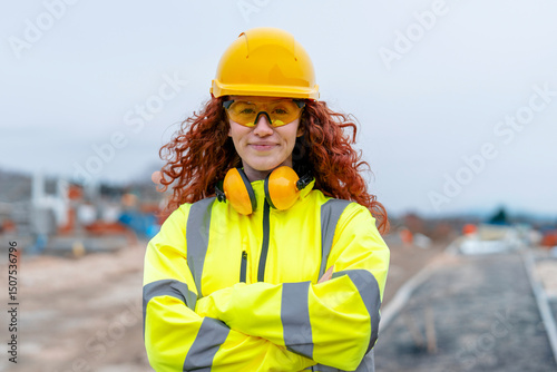 Portrait of femail Construction worker confidently overseeing a building site with equipment and crew members in the background contributing to the project